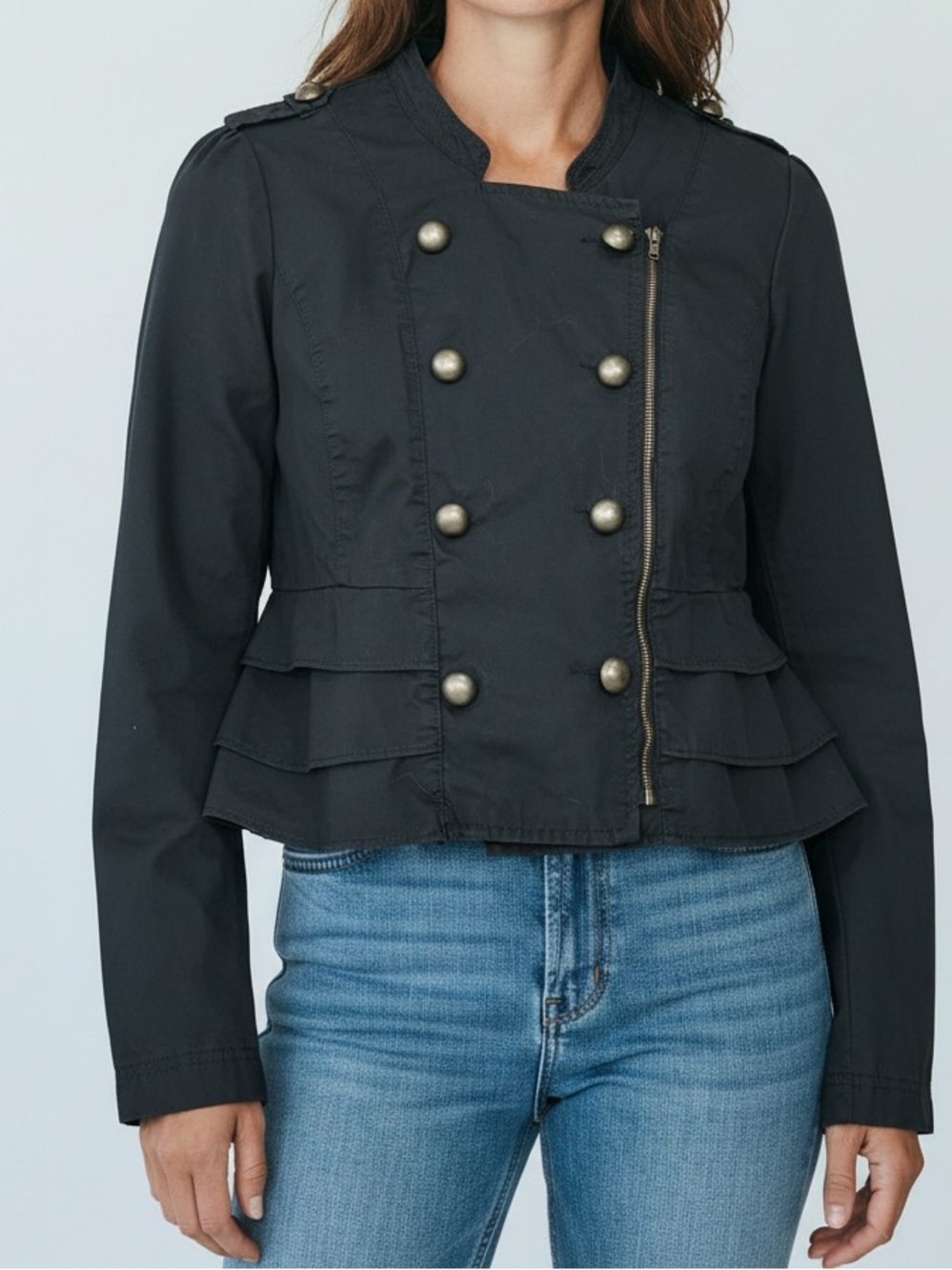 Milley Cyrus Max Azria Black Military-Style Cropped Peplum Cotton Light Jacket